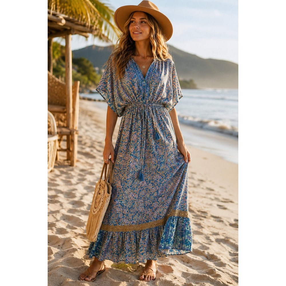 Boho Festival Maxi Dress Blue Paisley Cottagecore Resort Goddess One Size